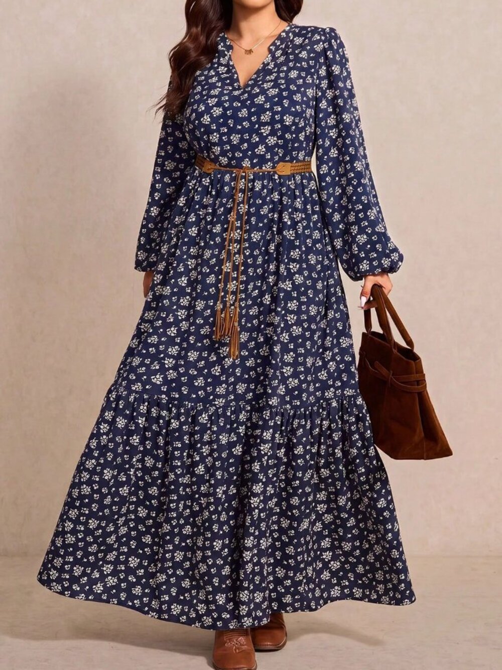 Navy Blue Boho Women's Floral V-Neck Lantern Sleeve Dress - Picture 4 of 7